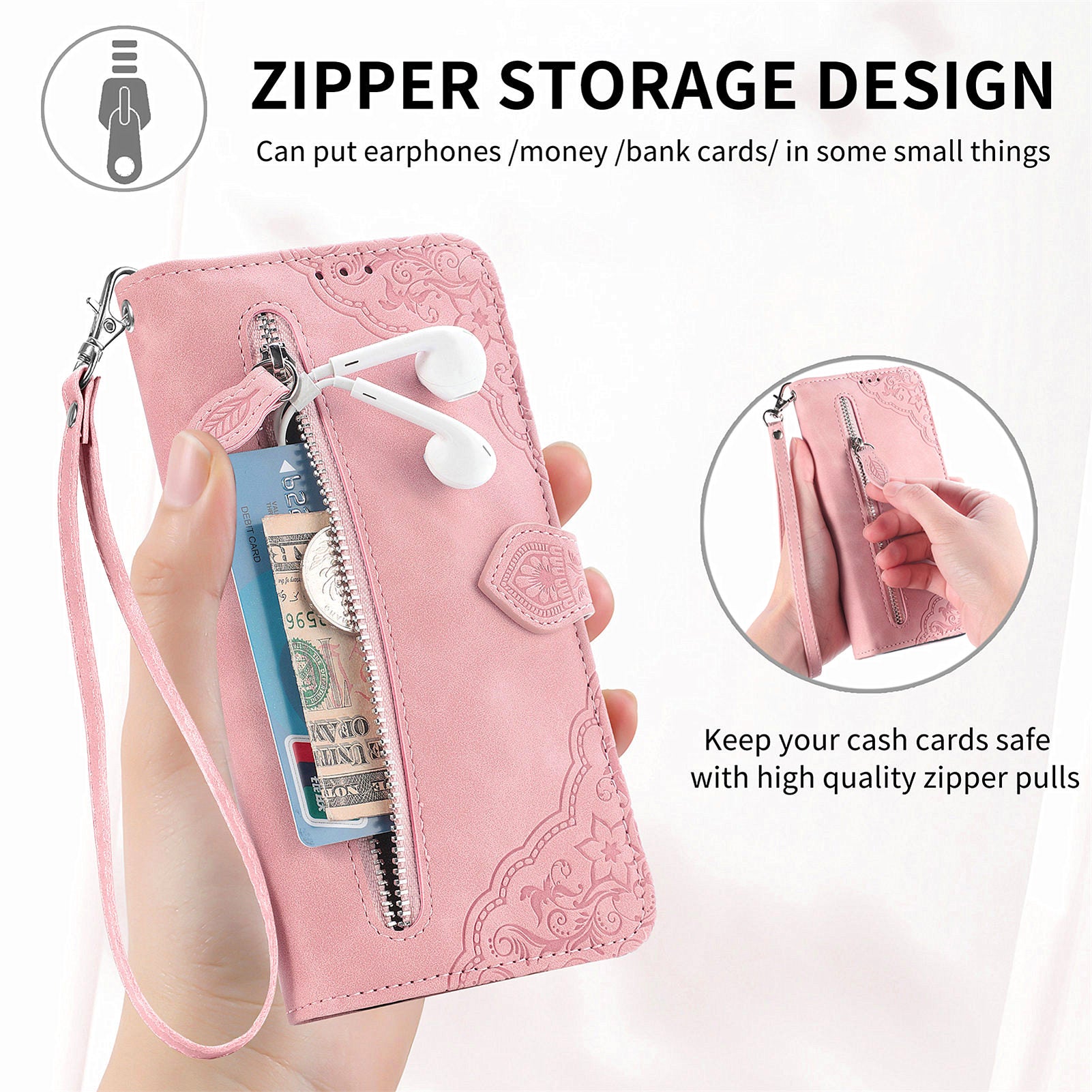 For Motorola Moto G54 5G Case Leather Handbag Zipper Pocket Flower Imprinted Phone Cover For Motorola Moto G54 5G Case Leather Handbag Zipper Pocket Flower Imprinted Phone Cover